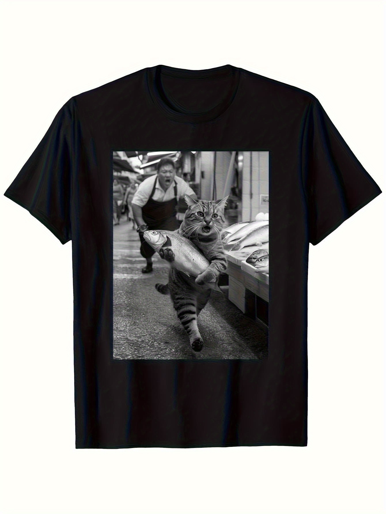 Vintage Fashion Market - Grappige Kat Stoeft Vismarkt Grafische T-shirt