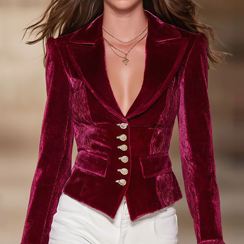 Velvet Blazer Vintage - Elegante damesblazer van fluweel, bordeauxrood, enkelrijig,