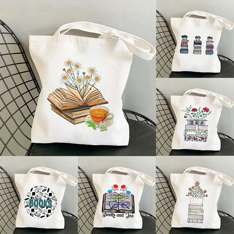 Vintage Fashion Shop - Boek canvas draagtas met bloemmotief, dameswinkelzak