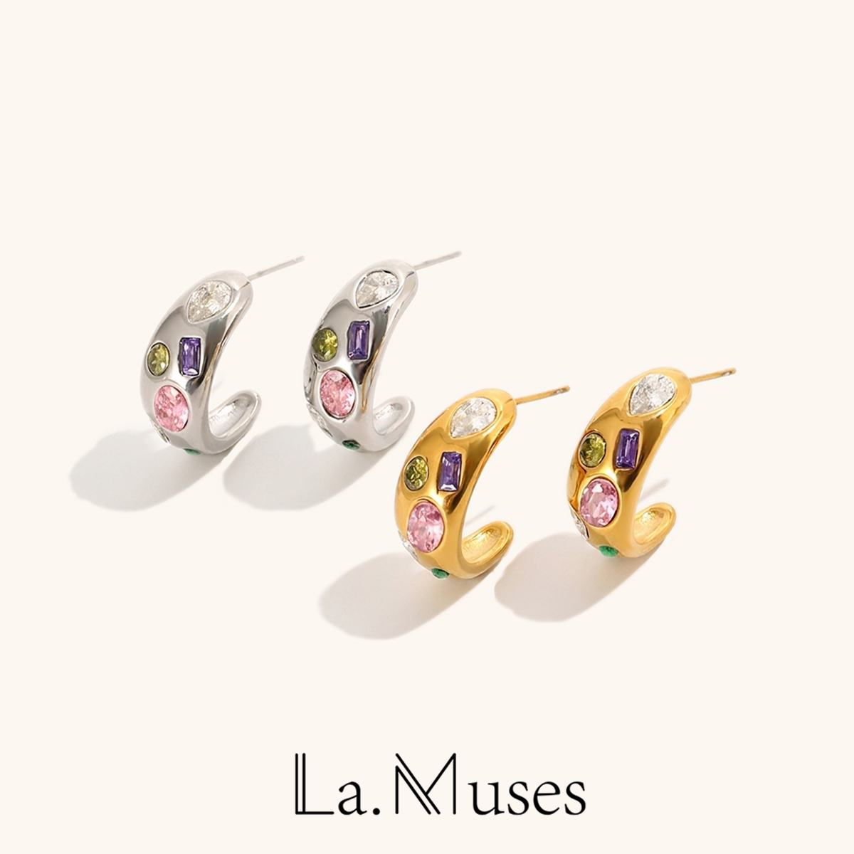Vintage Fashion La - La. Muses Geometrisch Gekleurde Zirkoon Maanvormige