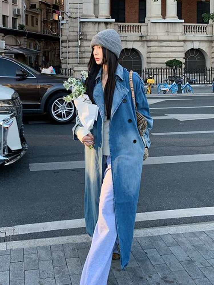 Vintage Trench Coat - Denim trenchcoat met dubbele rij knopen