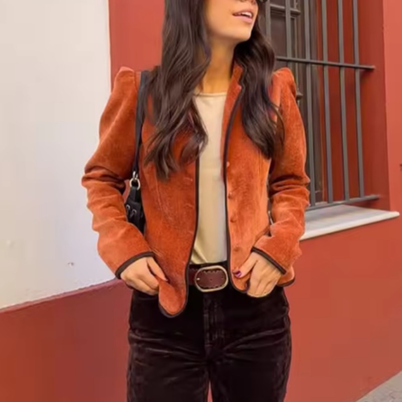 Velvet Blazer Vintage - Opstaande kraag, contrasterende bies, fluwelen blazer,