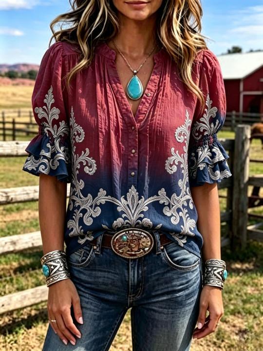 Tie Dye Shirt Vintage - Dames Western Tie-Dye Gradient Blouse V-hals