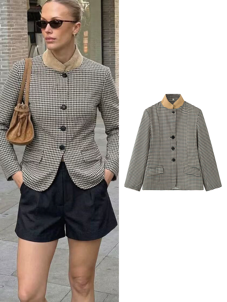 Vintage Trench Coat - TFMLN Dames Vintage Geruite Blazerjas Stand